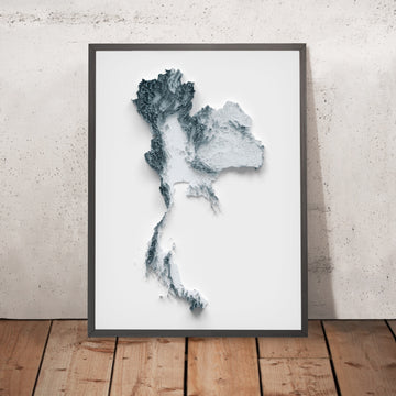 A framed image of a 3D style topographic relief map ofThailand