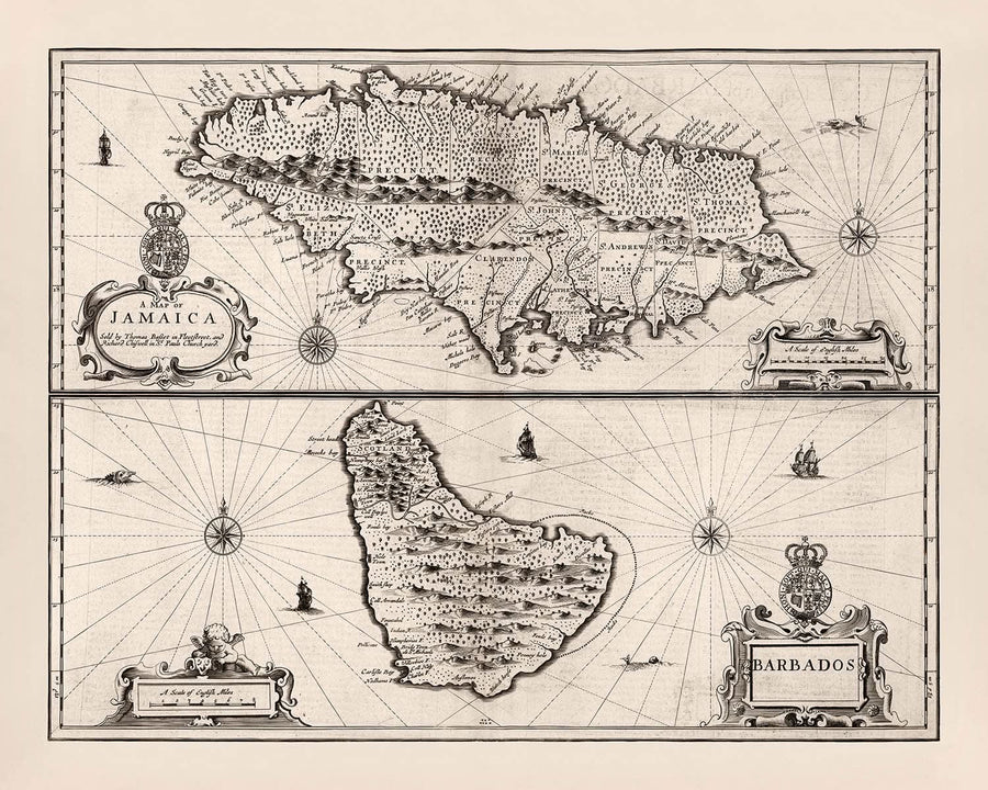 Mappa antica di Giamaica e Barbados di Speed, 1676: Port Royal, Bridgetown, Montagne, Navi 