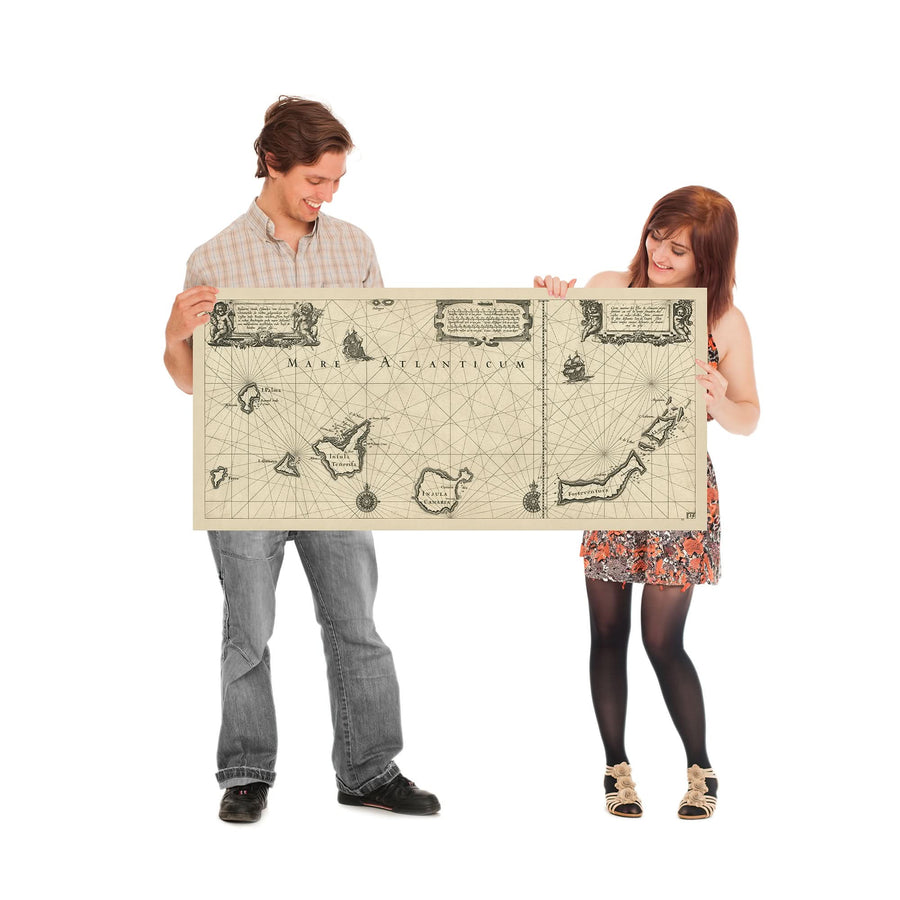 Ancienne carte nautique des îles Canaries par Blaeu, 1608 : Lanzarote, Tenerife, Gran Canaria