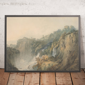 A framed image of Tivoli with the Temple of the Sybil and the Cascades by Turner, 1796