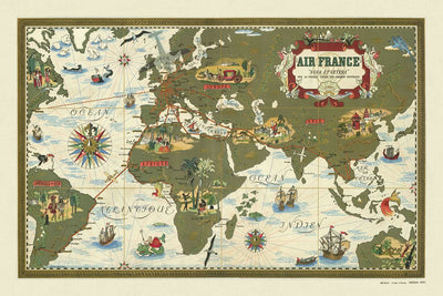 Carte des routes d'Air France par Boucher, 1939 : style pictural, début de l'aviation, portée mondiale