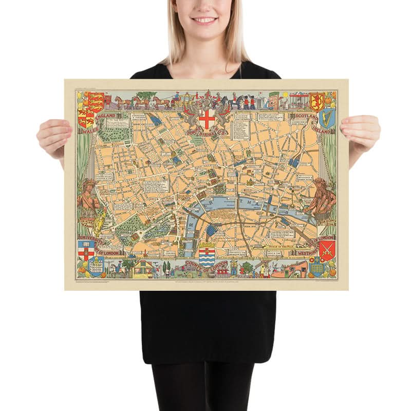 Antigua Mapa Histórico de Londres por Bullock, 1938: Torre de Londres, St. Paul&