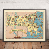 Pictorial Map of Massachusetts by Ruth Taylor White, 1935: Boston, Cape Cod, Harvard, Pilgrims, Maritime Heritage