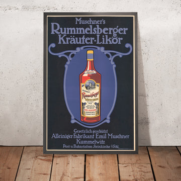 A framed image of Muschner’s Rummelsberger Vintage Herbal Liqueur Poster, 1889