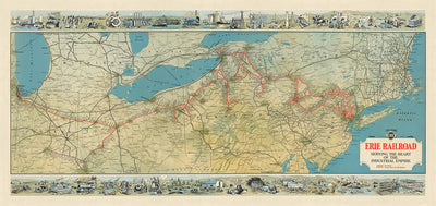 Old Map of the Erie Railroad Industrial Empire by Whitney-Graham, 1930: NYC, Chicago, Cleveland, Buffalo, Great Lakes