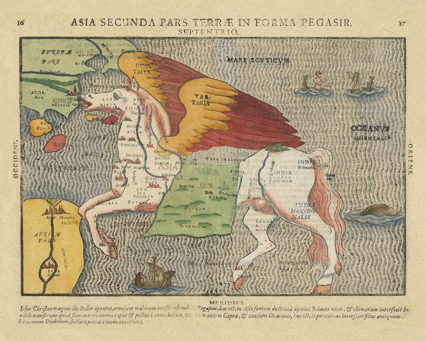 Mapa antiguo de Asia representado por Pegaso, de Bunting, 1616: diseño mítico, temas simbólicos, precisión geográfica