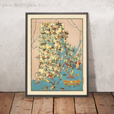 Mappa Pittorica del Rhode Island di Ruth Taylor White, 1935: Providence, Newport, Baia di Narragansett, Fari, Fabbriche Tessili 