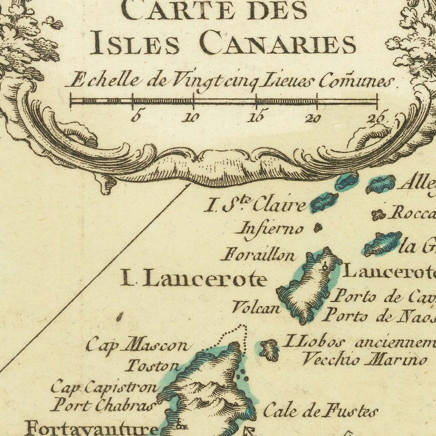 Mapa antiguo de las Islas Canarias de Bellin, 1764: Las Palmas, Santa Cruz, montañas, elementos náuticos, cartela