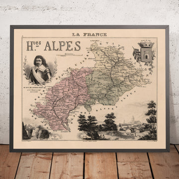 Mapa antiguo de Hautes-Alpes de Vuillemin, 1869: Gap, Briançon, Embrun, cumbres alpinas, escudos de armas 