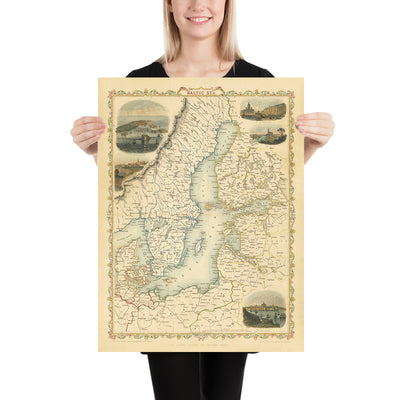 Old Map of Finland, Denmark & the Baltics by Tallis, 1851: St. Petersburg, Stockholm, Riga, Gotland, Gulf of Finland