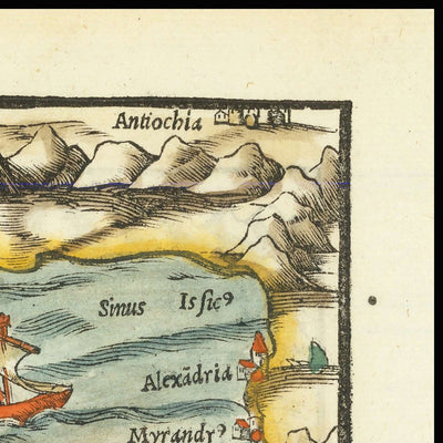 Ancienne carte de Chypre et de la Terre Sainte par Münster, 1554 : Jérusalem, mont Sinaï, Médine, voiliers, monts Taurus.