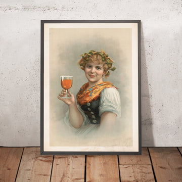 A framed image of Woman with Hops and Barley: Vintage Beer Poster, 1890