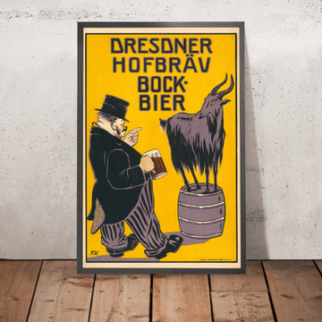 A framed image of Dresdner Hofbräu Vintage Bock Beer Poster by Fritz Wolff, 1899