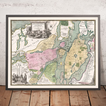 Antica mappa di Stoccolma di Homann, 1720: Palazzo Reale, Riddarholmen, Mälaren, Djurgården, Skeppsbron 