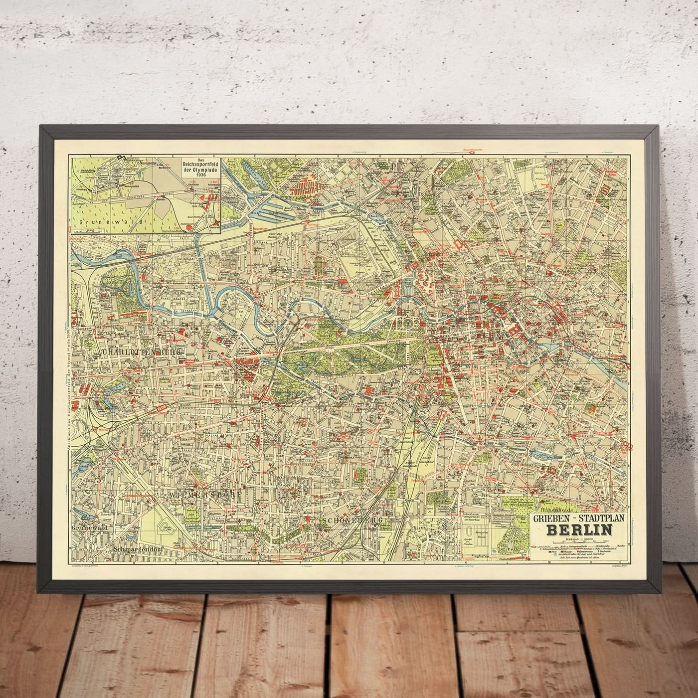 Mapa antiguo de Berlín de Stilke, 1936: Estadio Olímpico, Grunewald, Tiergarten, Kurfürstendamm, Unter den Linden.