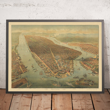 Alte Birdseye-Karte von New York von Wachsmuth, 1898: Broadway, Central Park, Brooklyn Bridge, Governor&