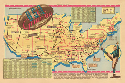 Old Map of US College Football by Sundberg, 1942: Major Teams, Conferences, WW2 Era