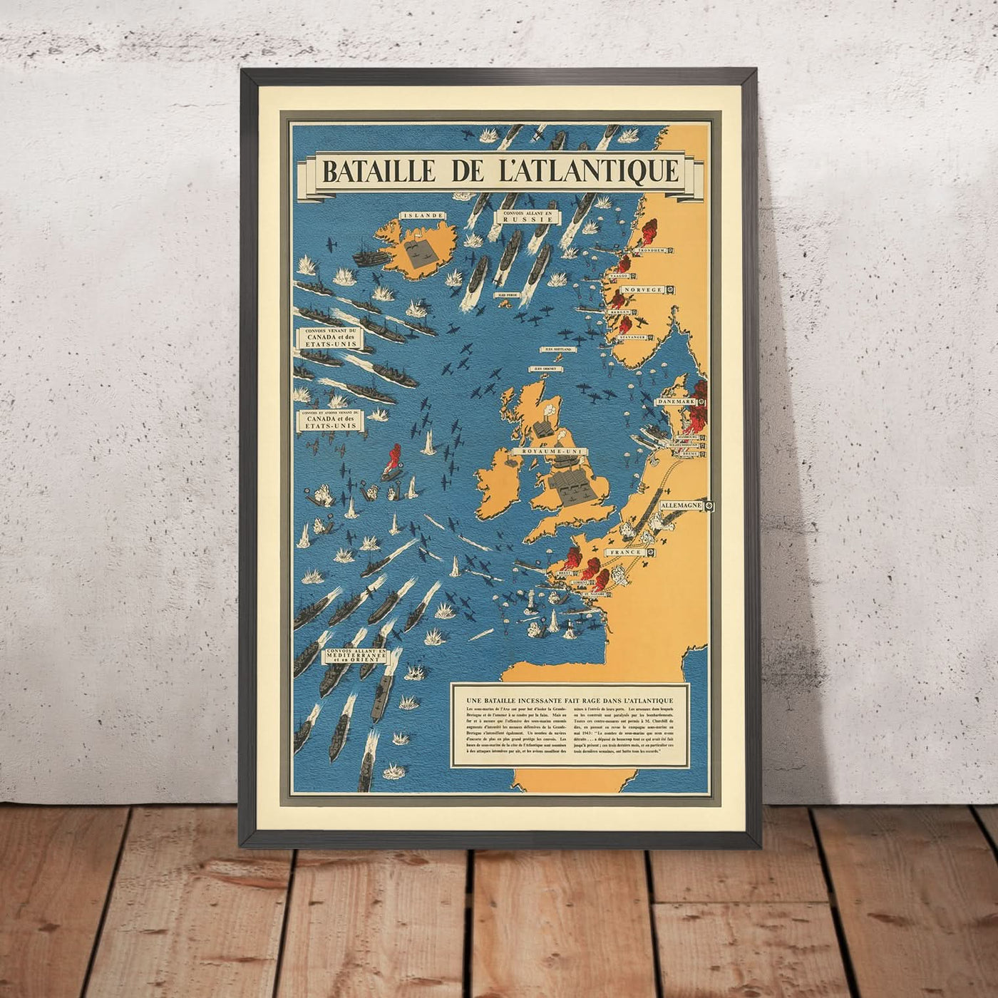 Mapa ilustrado antiguo de la batalla del Atlántico, de Blake, 1944: Reino Unido, submarinos, convoyes, Francia, Alemania