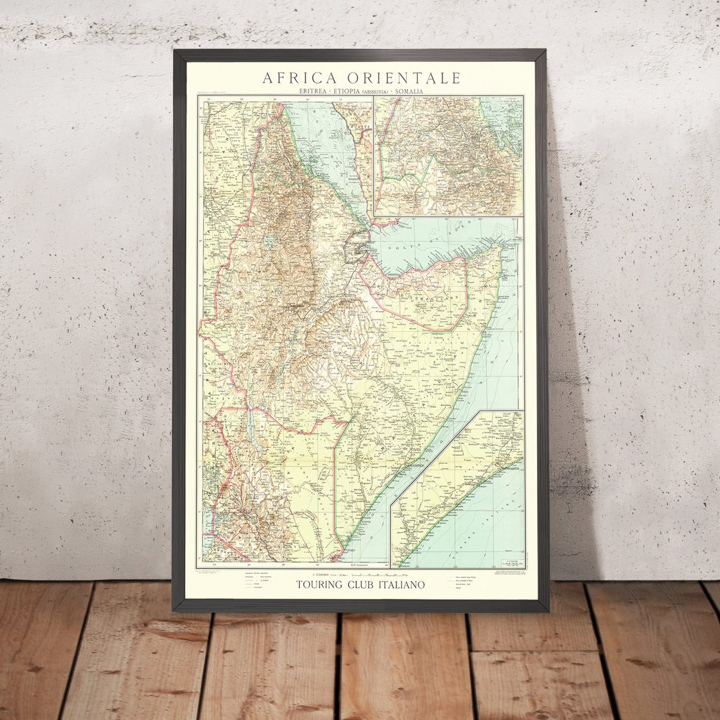 Old Map of East Africa by Touring Club Italiano, 1936: Addis Ababa, Mogadishu, Red Sea, Railways, Inset Maps