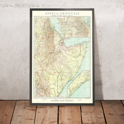 Old Map of East Africa by Touring Club Italiano, 1936: Addis Ababa, Mogadishu, Red Sea, Railways, Inset Maps