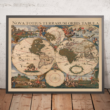 Large Masterpiece World Map by Danckerts, 1696: Mythical Lands, Decorative Border