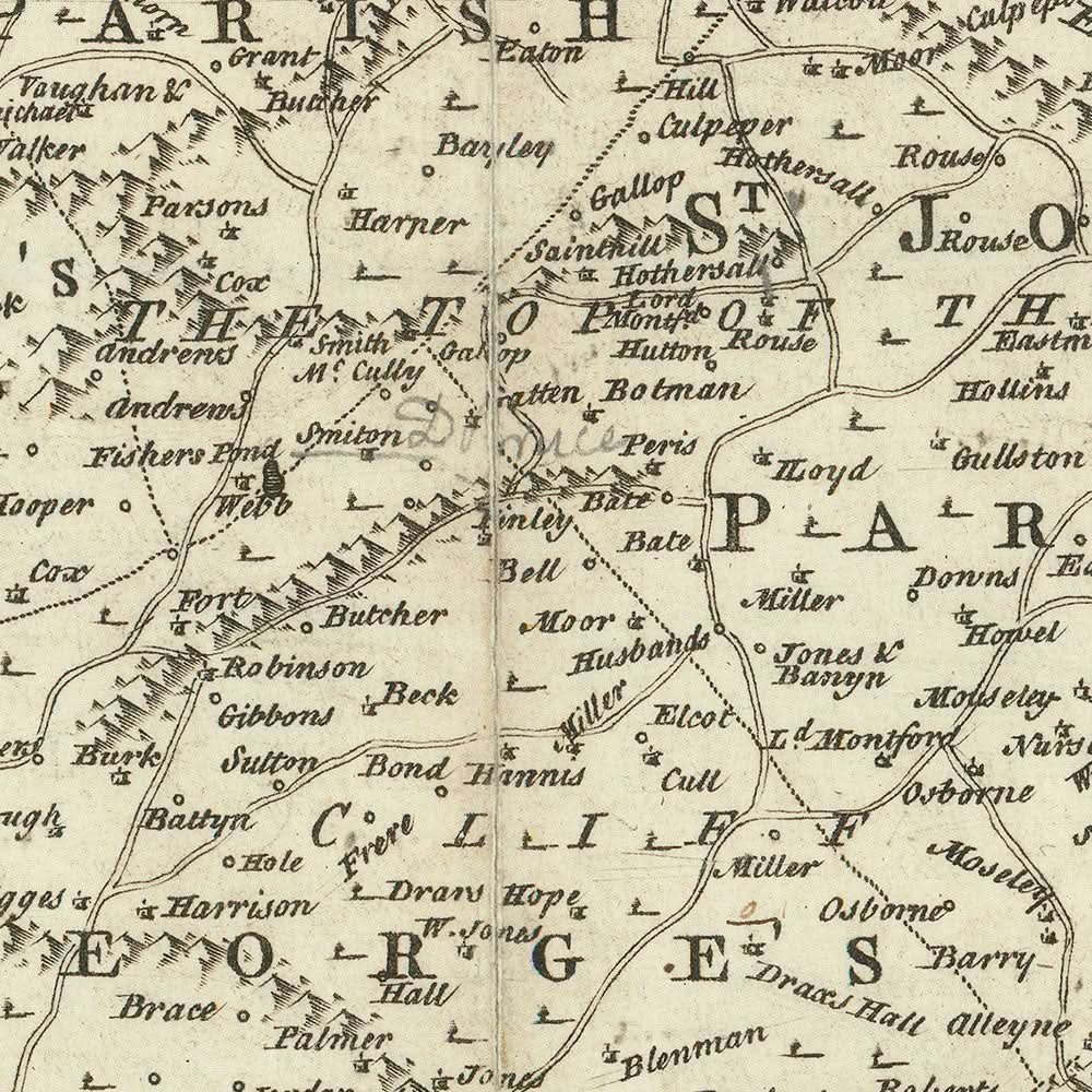 Alte Karte von Barbados von Jefferys, 1750: Pfarreien, Zuckermühlen, Kirchen, Flüsse, Festungen