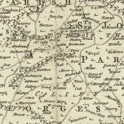 Alte Karte von Barbados von Jefferys, 1750: Pfarreien, Zuckermühlen, Kirchen, Flüsse, Festungen