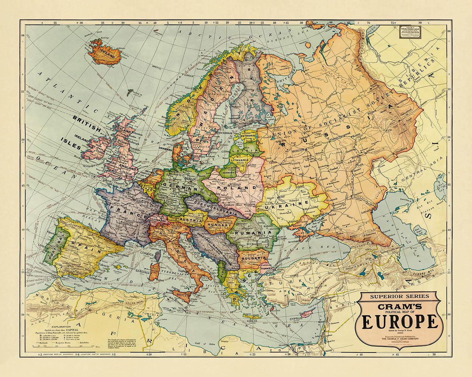 World Map 1925 Large Old Map of Europe by Cram, 1925: Political, Post-WWI borders, Co ...