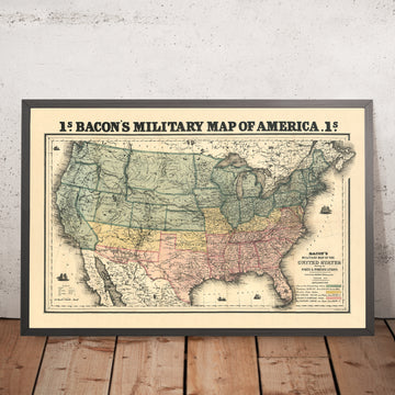 Antica carta militare della Guerra Civile Americana, 1862: Washington DC, Richmond, Mississippi, forti, ferrovie 