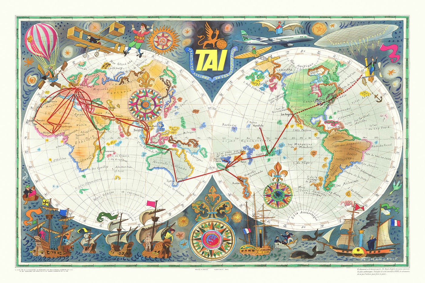 Old TAI Airline Routes World Map by Bayle, 1957