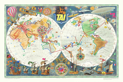 Old TAI Airline Routes World Map by Bayle, 1957