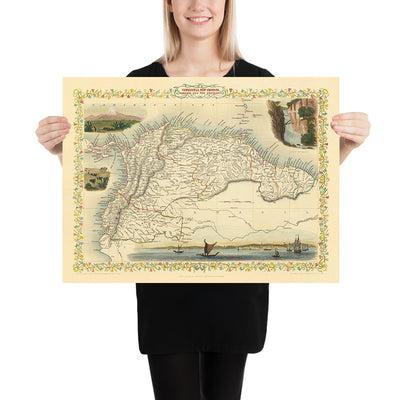Old Map of Northern South America by Tallis, 1851: Venezuela, Colombia, Ecuador, Guayanas, Panama