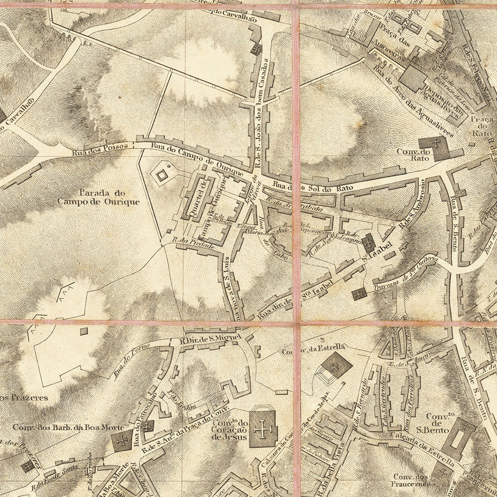 Alte Militärkarte von Lissabon, 1814: Jerónimos, Castelo de S. Jorge, Praça do Commercio, Tejo 