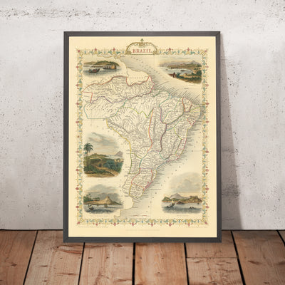 Old Map of Brazil by Tallis, 1851: Amazon River, Rio de Janeiro, São Paulo, Salvador, Atlantic Coast