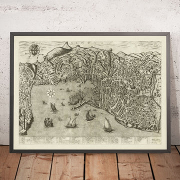 Antigua Mapa Pictórico de Génova por Duchetti, 1584: Puerto, Laterna, Barcos 
