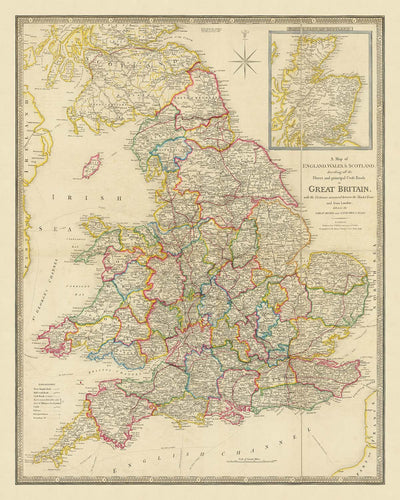 Old County Map of England & Wales by Wyld, 1842: Turnpikes & Mail Coach Roads