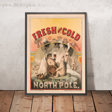 A framed image of Fresh and Cold Vintage Lager Beer Poster, 1877