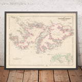 Ancienne carte des îles Malouines par Arrowsmith, 1848 : Port Stanley, baie Charlotte, port Ross, carte du monde en encart 