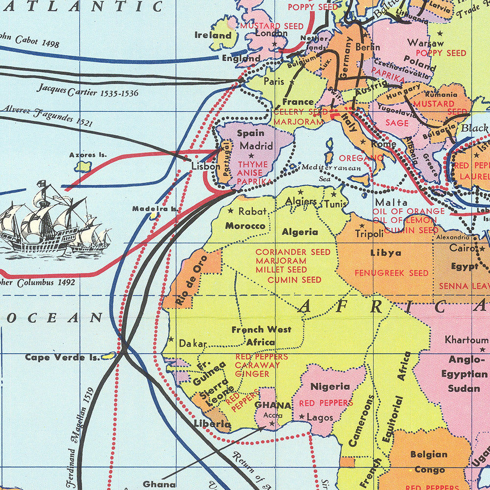 Old World Map of Coffee, Tea, & Spices McCormick, 1957: Spice Trade, Explorers, Mid-Century Design