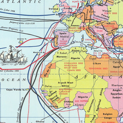 Old World Map of Coffee, Tea, & Spices McCormick, 1957: Spice Trade, Explorers, Mid-Century Design