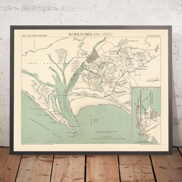 Mappa antica di Karachi, 1886: Porto e porto, Cantone, Rocce di ostriche, Faro 