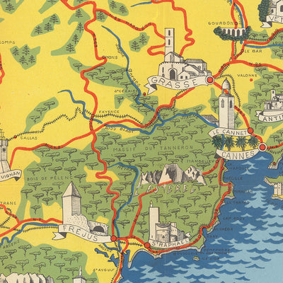 Old Map of Côte d’Azur (French Riviera) by Flornoy Jean, 1950: Nice, Cannes, Monaco, Antibes, Saint-Tropez