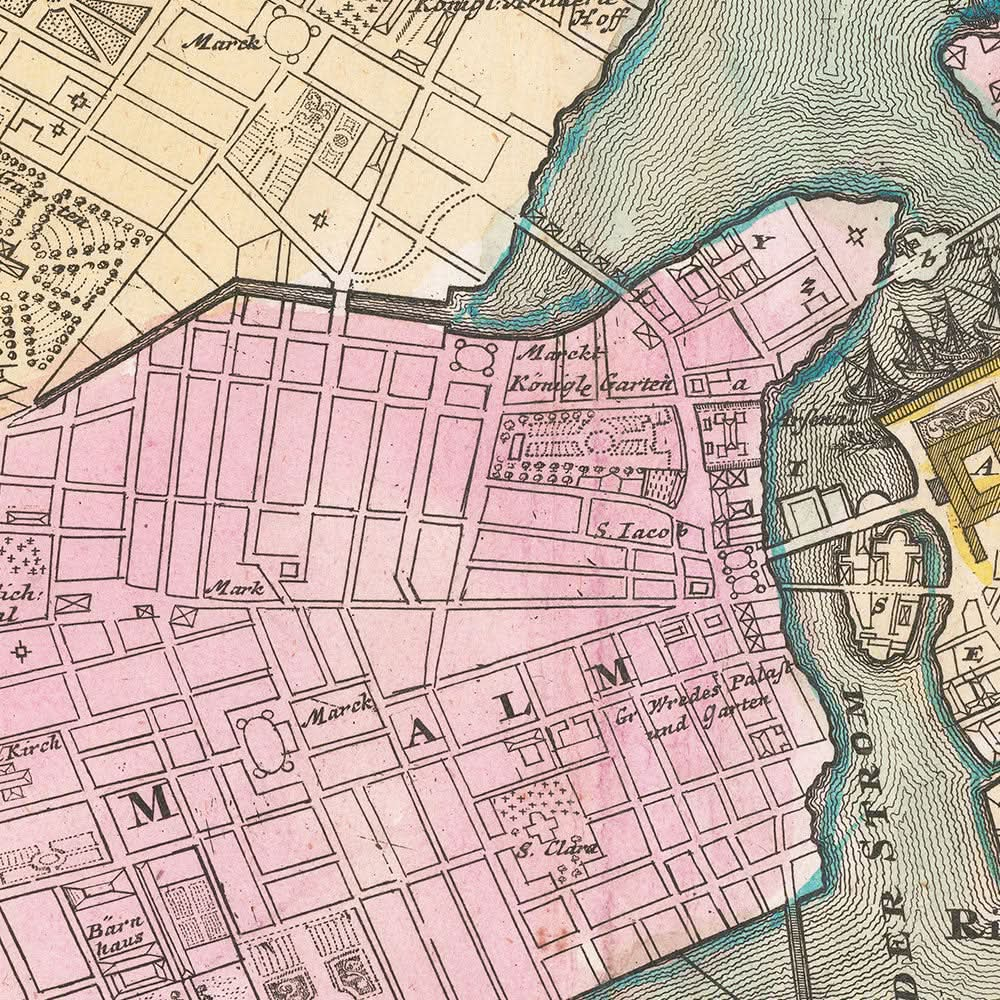 Old Map of Stockholm by Homann, 1720: Royal Palace, Riddarholmen, Mälaren, Djurgården, Skeppsbron