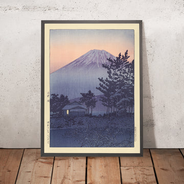 A framed image of Lake Yamanaka Sunset with Mt. Fuji by Hasui Kawase, 1935