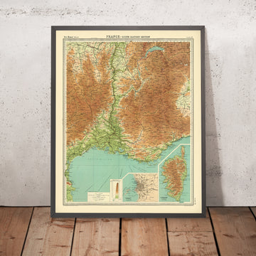Alte topografische Karte von Südostfrankreich von Bartholomew, 1922: Marseille, Nizza, Korsika, Rhône-Delta, Seealpen 
