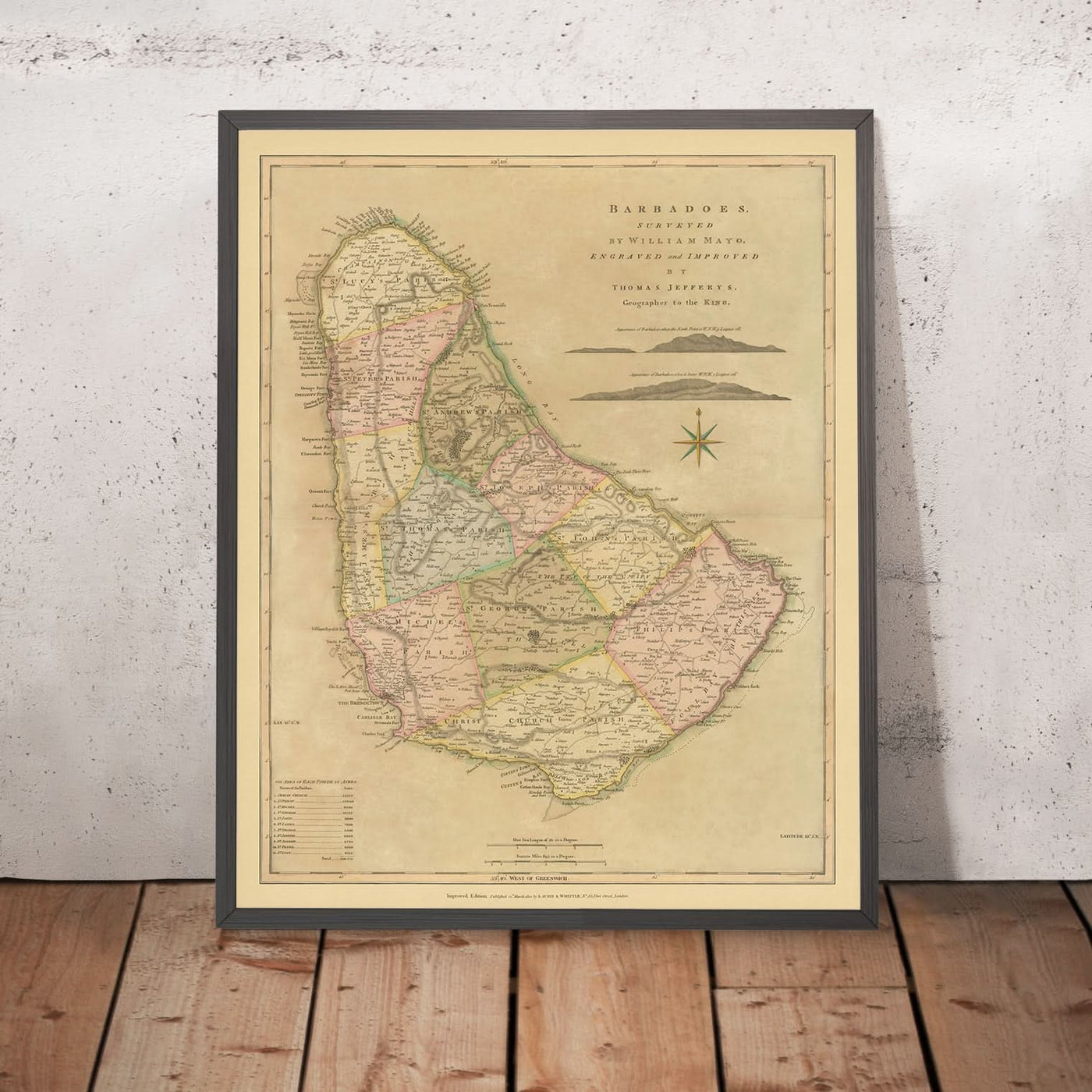 Old Map of Barbados by Mayo, 1810: Bridgetown, Speightstown, Parishes, Forts, Compass Rose