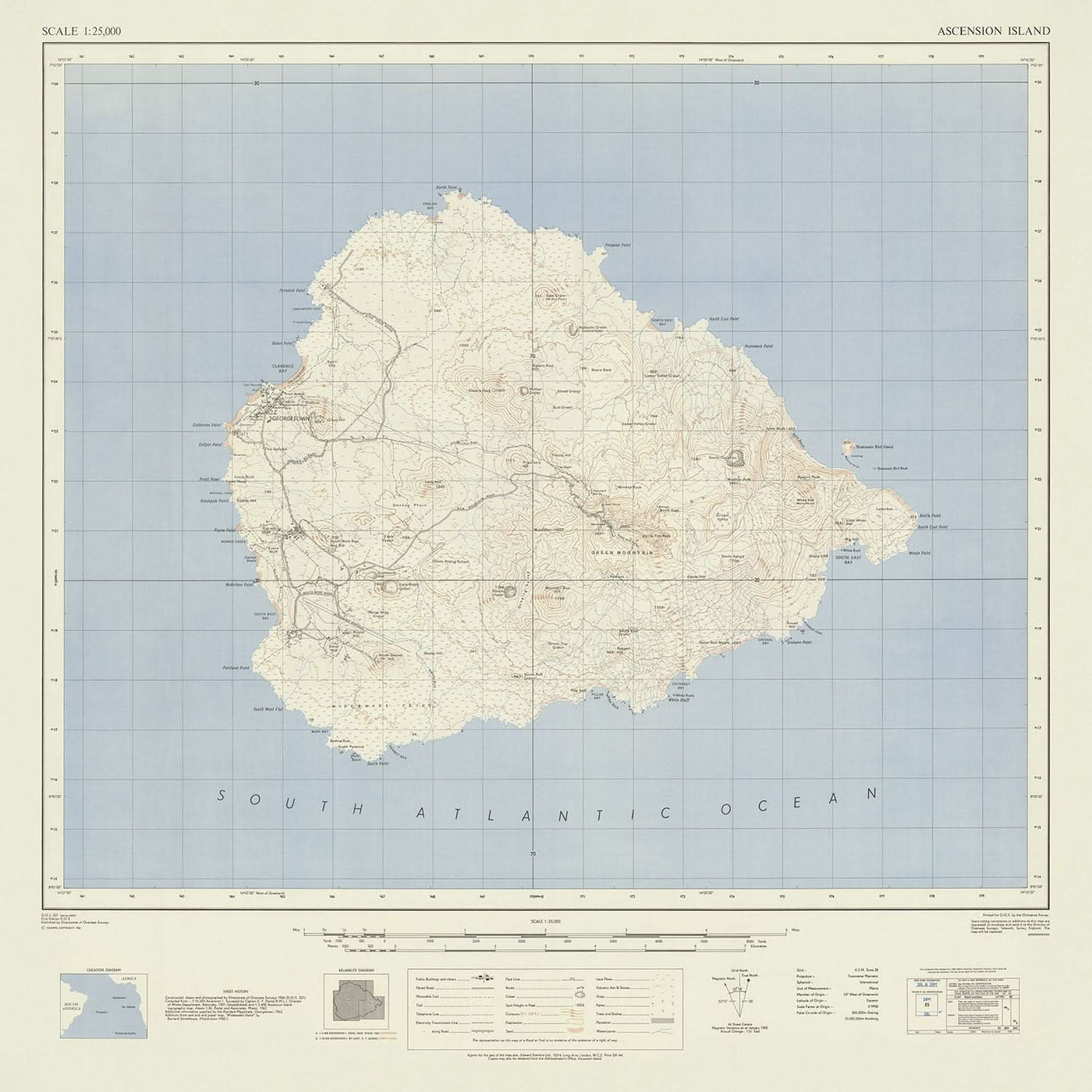 Mapa antiguo de la Isla Ascensión, 1964: Green Mountain, Georgetown, carreteras, topografía, estilo Ordnance