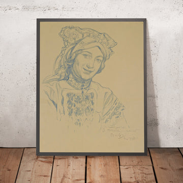 A framed image of Young Woman with Folk Headdress by Alphonse Mucha, 1913