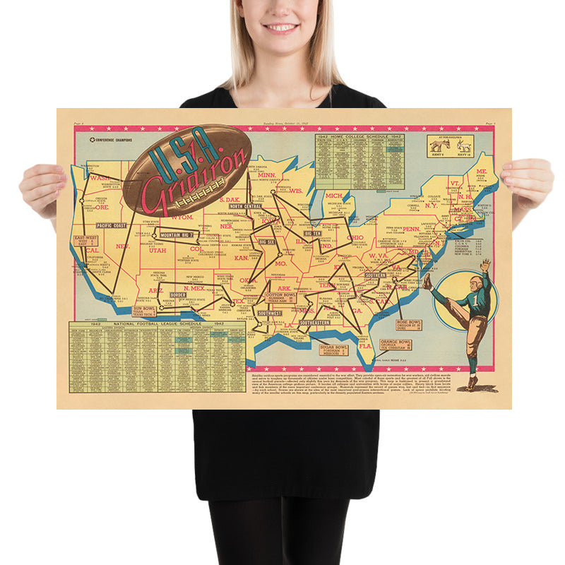 Old Map of US College Football by Sundberg, 1942: Major Teams, Conferences, WW2 Era