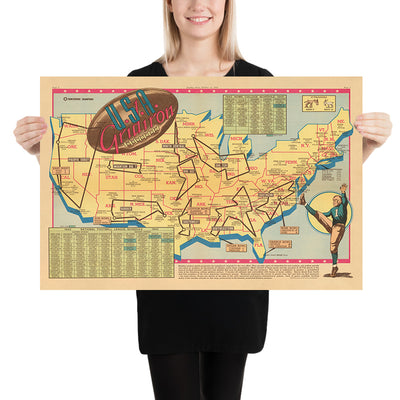 Old Map of US College Football by Sundberg, 1942: Major Teams, Conferences, WW2 Era